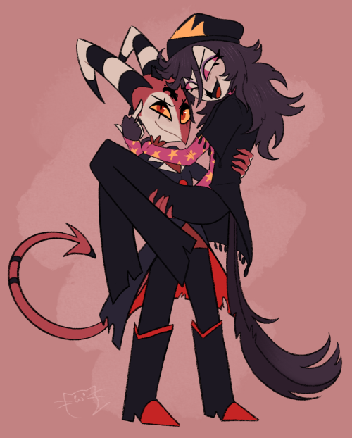 a digital full body illustration of Blitzø and Octavia from Helluva Boss. Blitzø is princess carrying Via who is wrapping her arms around his neck and holding up her middle finger, smiling manically. Blitzø looks smug.