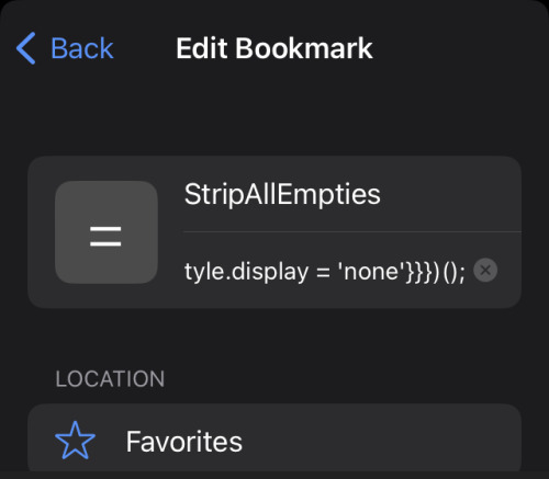 A partial screenshot of the iOS Safari bookmark editor, with the title of the bookmark now set to "StripAllEmpties" and the bookmarklet code pasted into the URL address field. The bookmarklet location is in the Favorites bookmark folder.