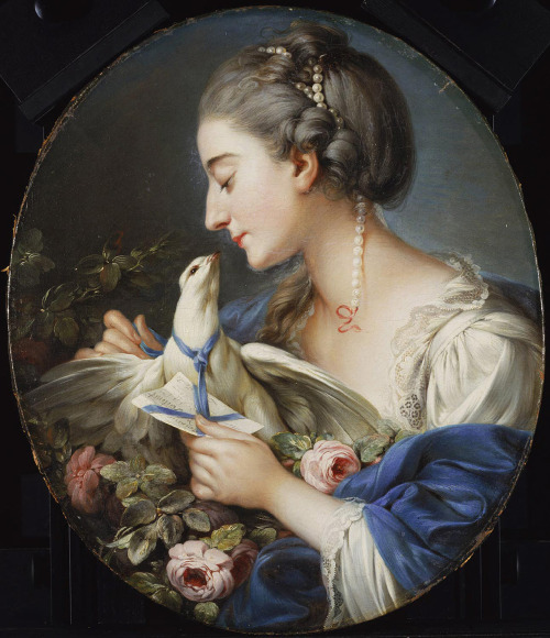 ”Young Woman Fastening a Letter to the Neck of a Pigeon,” c. 1760, Attributed to Johann Christian vo