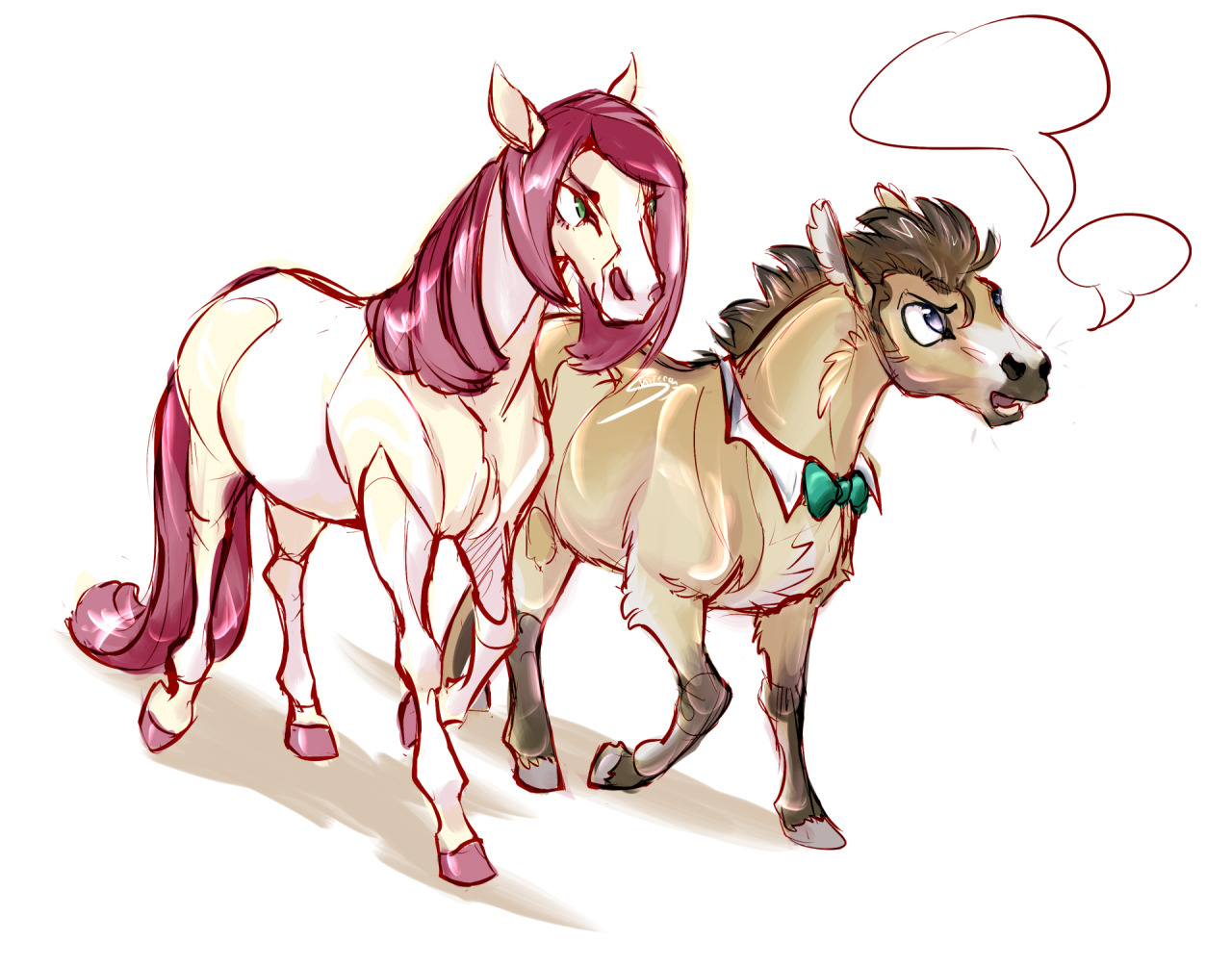 A somewhat realistically proportioned drawing of two ponies, Dr. Whooves and Rose from MLP FIM. Rose is taller, with a light yellow body and smooth pink hair with darker pink roots. The Doctor is a short, stocky brown horse with darker brown hair, dark legs, and shaggy fur. He is talking about something or other as he and Rose walk side by side