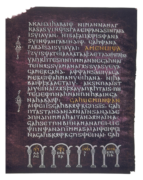 fyeah-history:A page of the 6th century Codex Argenteus, in silver and gold ink on purpleThe Codex A