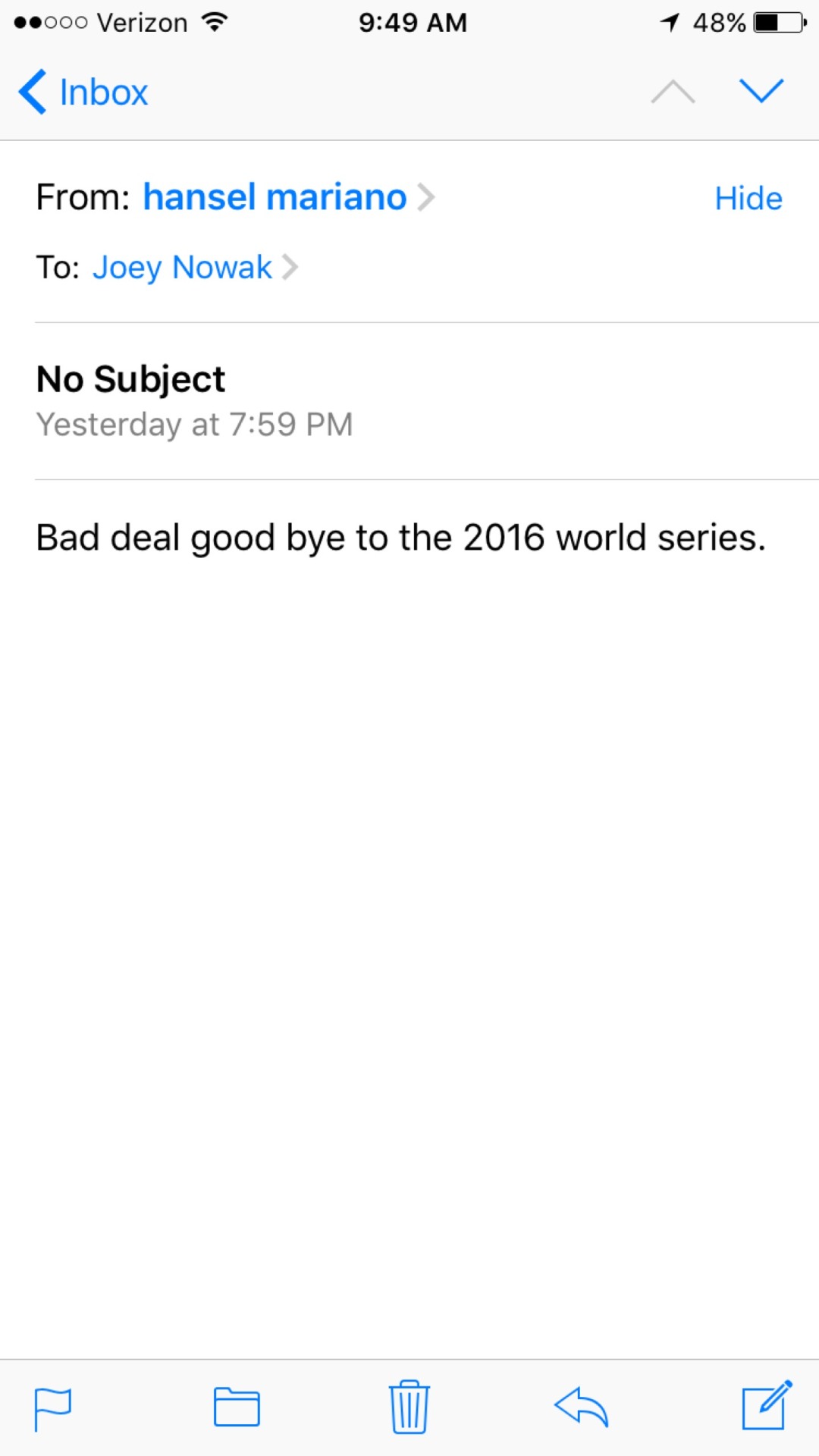 I got this e-mail in the last hours of my last day at MLB.com. I have no idea who this person is, or what it’s in reference to, but in an abstract, out-of-context way, I found it to be hilarious and perfectly appropriate.