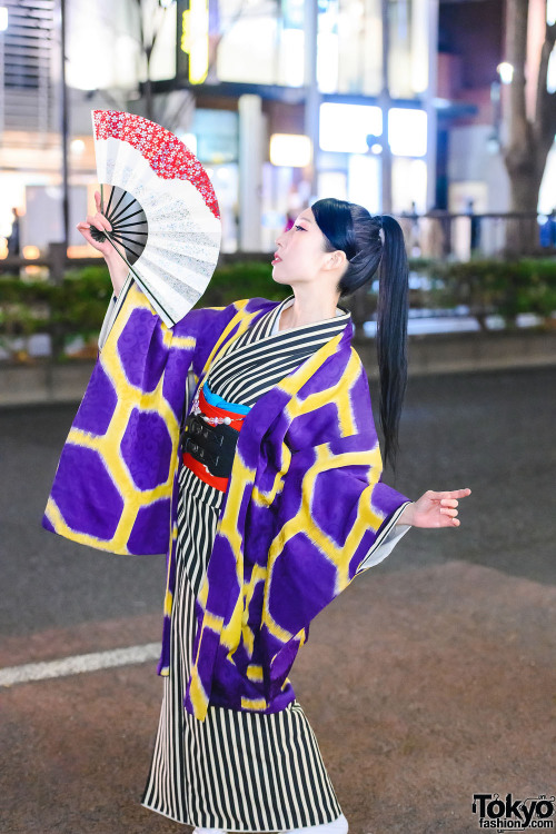 Maho and Tomomitsu - both traditional Japanese performance artists - on the street in Harajuku weari