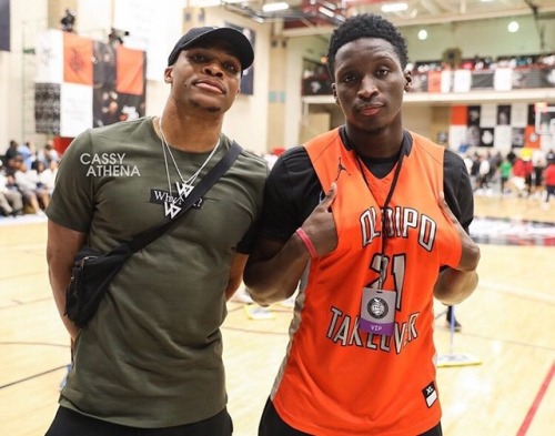 Russell Westbrook and Victor Oladipo attend the Peach Jam Championship