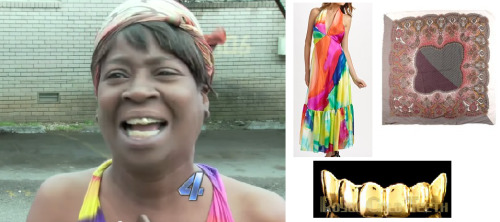 kendallgeneric:  steal her look: “Ain’t Nobody Got Time For That!” Sweet Brown ralph lauren blue label tie-dyed silk halter dress (轤) gucci silk print scarf (跊) solid yellow gold grill (赊) 