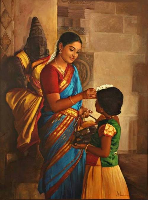 At temple, painting by S. Ilayaraja