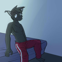 Ken on a bed, wearing a fundoshi, which isn’t