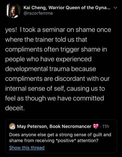 buttons-beads-lace:wreckitremy:brightlotusmoon:https://mobile.twitter.com/razorfemme/status/1260609326579879938?s=21@againstshame feel like this is relevant to your shame post, and something I feel therapists don’t know how to deal with and make
