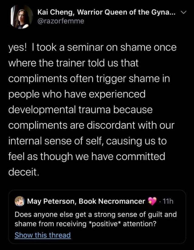 buttons-beads-lace:wreckitremy:brightlotusmoon:https://mobile.twitter.com/razorfemme/status/1260609326579879938?s=21@againstshame feel like this is relevant to your shame post, and something I feel therapists don’t know how to deal with and make