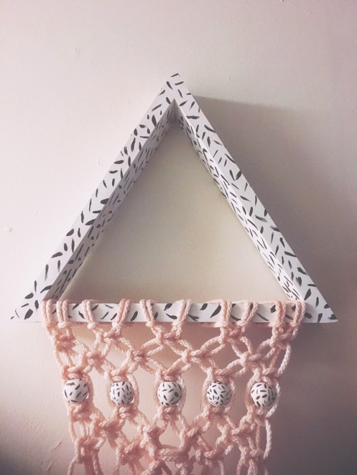 Macrame wall hanginghandmade pine triangle hanger / shelf, painted white and black. Wooden beads pai