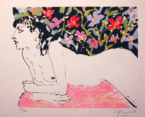 terminusantequem:Carlos Alonso (Argentinian, b. 1929), Nude, 1984. Color lithograph on paper