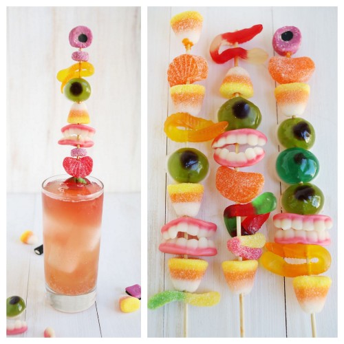 DIY Monster Candy Drink Stirrers from A Beautiful Mess. Make a tall tower of candy for adult cocktai