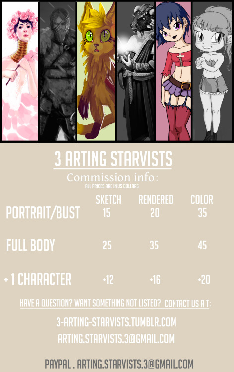 thepunchlineislesbian:
“ 3-arting-starvists:
“ “ FIRST TEN CUSTOMERS GET A 30% DISCOUNT!
”
And our shop is open!
Elin, Isabelle and Hanna are now open for business!
We are a tagteam of experienced artists who really want to draw your characters!
“...