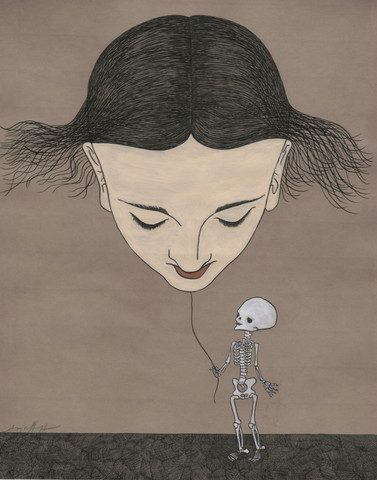 2headedsnake:  Audrey Niffenegger ‘Topsy-Turvy’, 2010, graphite and gouache ‘Raven Girl’, 2013, etching ‘Heart Strings’ ‘The Three Incestuous Sisters’, 2005, hand-colored aquatint etching ‘Mother and Child’, 2010, ink and gouache 