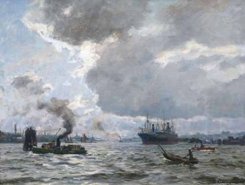 creationfromnothingness: Friedrich Kallmorgen: Sonne hinter Wolken (Hamburger Hafen), 1911