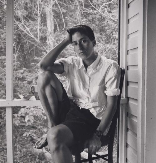 lesbianherstorian:alison bechdel in grand isle, vermont photographed by robert giard, 1995