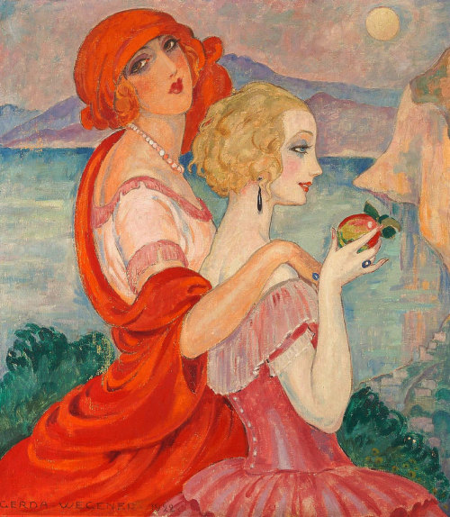 necromanceher:   “Sur la route d’Anacapri”Gerda Wegener (1922)Oil On Canvas “It is as if this particular borrowing of the formal language of a bygone time elevates the scenario beyond time and space and gives it the character of the eternal. The