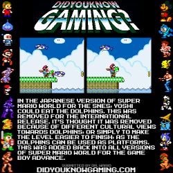 didyouknowgaming:  Super Mario World.  http://www.themushroomkingdom.net/smw_j-e.shtml#dolphin