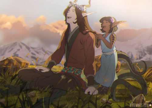 whitemantis: Commission for my friend @drakonika! &lt;3Sia braiding Ellian’s hair! She also made him