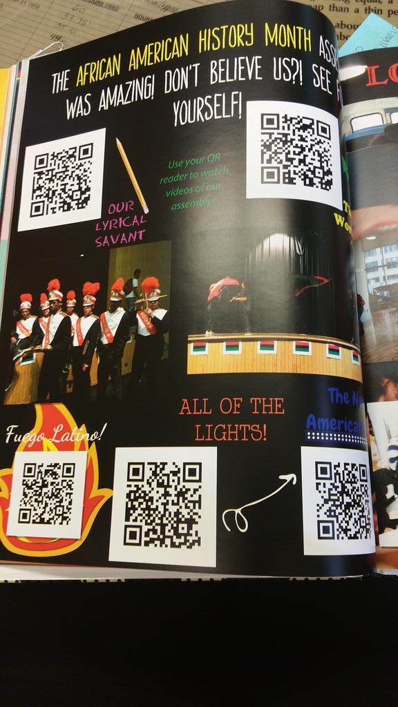 Bogan High School’s Yearbook Club used QR codes (accessible with smart phones) to give students an interactive experience! The QR codes open videos of the years events!
“When your yearbook becomes an experience! Awesome #QRcode integration yearbook...