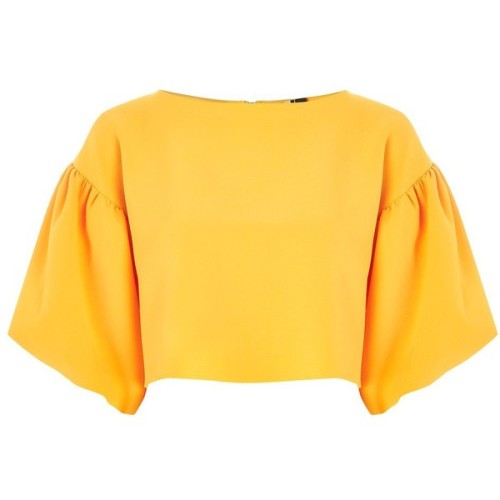 TopShop Structured Puff Sleeve Top ❤ liked on Polyvore (see more yellow tops)