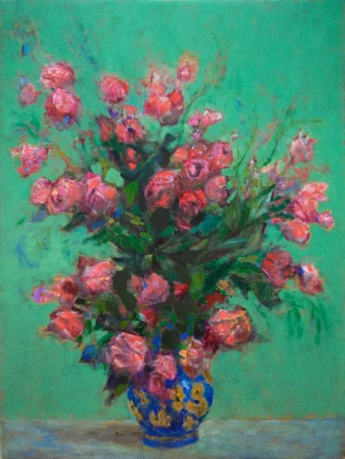 psikonauti:  Ilir Pojani (Albanian,b.1954)Flowers in a vase with a green background, 2020oil on canvas