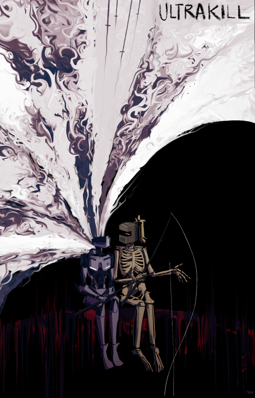 another painting with the same swirling style. this time, v1 is drawn normally, sitting with mysterious druid knight. they are both holding fishing rods, the lines of each twisting around the other. mdk gestures with one hand happily as he talks to v1. v1 stares back, blushing faintly. behind it, is a massive swirl of its layer wings from the previous drawing, now only colored with various shades of white, pink, and purple. the light almost looks like its pouring out of v1 instead of being separate wings, taking up over half of the entire drawing. there is text at the top right of the page, that also reads "ultrakill", just like last drawing.
