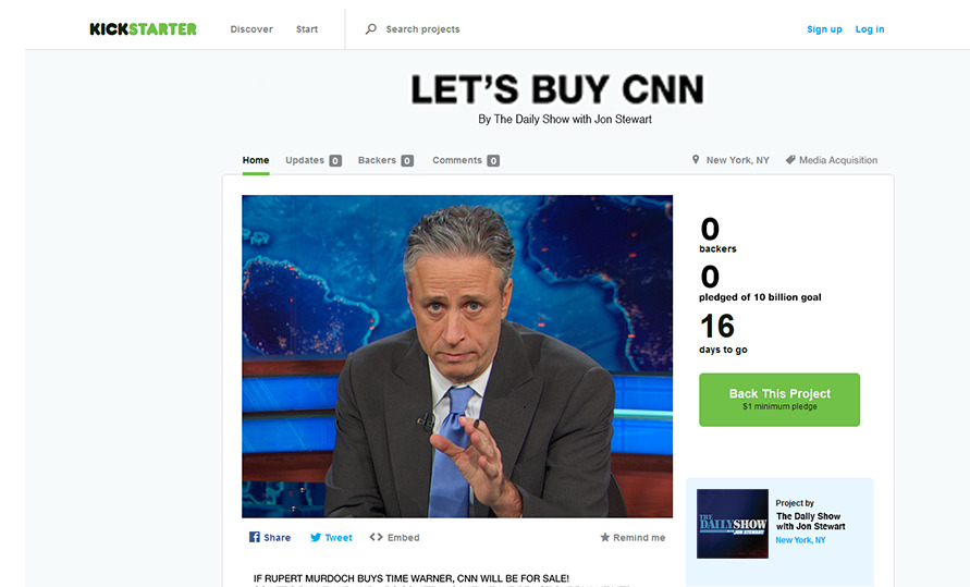 inothernews:
“No, Jon Stewart didn’t really open a Kickstarter campaign to beat Rupert Murdoch at his own game and buy CNN. But what an amazing thing that would be.
”