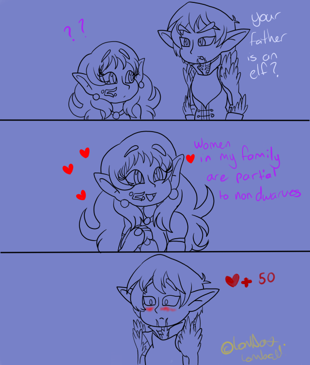 when the small half dwarf gives the broody one a wide and cute smileplus 50 #my art #Maddi does art  #yes hello i bring small chibis  #this is all i can make is chibis #self insert #OC: Madilyn Yules  #hahahaha are they in love I dunno