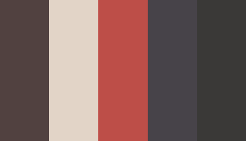 color-palettes: Hero In Madder Red - Submitted by Anonymous #54403F #E4D4C5 #CB4542 #484349 #3A3937 