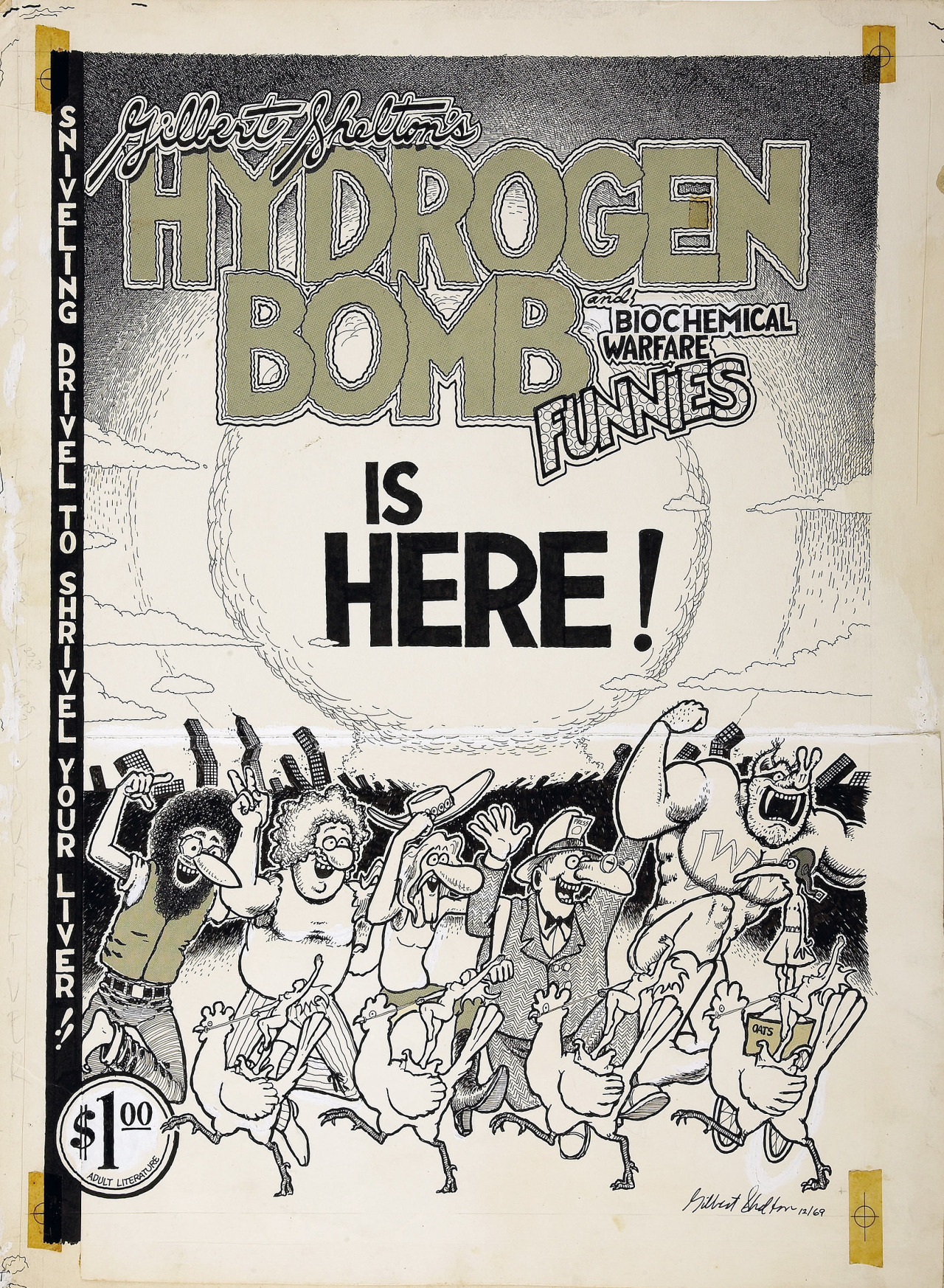 Original unpublished cover by Gilbert Shelton from Hydrogen Bomb Funnies #1, published by Rip Off Press, 1970. This piece ended up being used as a head shop poster rather than the final cover.