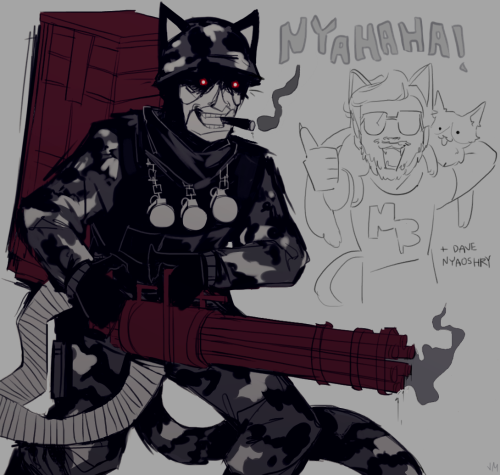 the next doodle is of big johninator, and dave oshry's updated statue. big john has cat ears on his helmet and claws, his tail having a similar camouflaged pattern to his outfit. the text at the top reads, "NYAHAHA". dave oshry is doodled next to him, his dog on his shoulders changed to be a cat. he is also given cat ears and claws as he holds a thumbs up and smiles. the text below him reads, "dave nyaoshry"