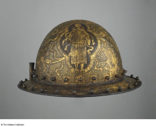 Gold etched Italian war hat, circa 1550.from The Wallace Collection