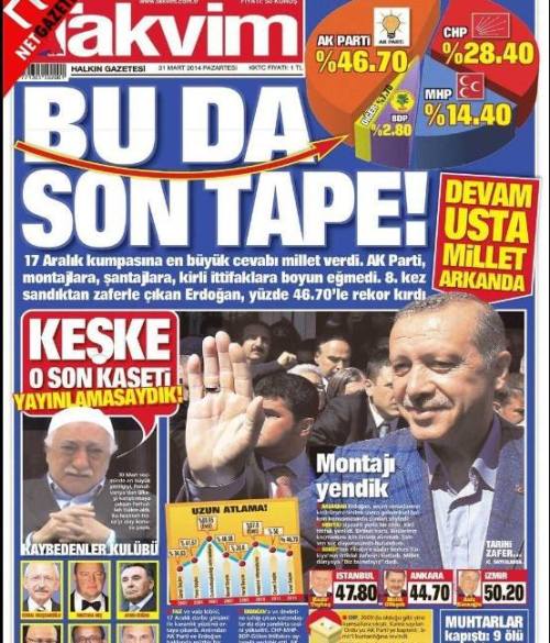 31 MART 2014 YEREL SEÇİM SONUÇLARI ( RESMİ OLMAYAN )  GAZETE MANŞETLERİ…  Oylarını artıran AK