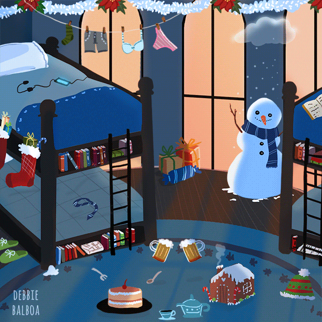 debbie-sketch:Hogwarts Houses rooms in the Holidays season ヾ☆*。