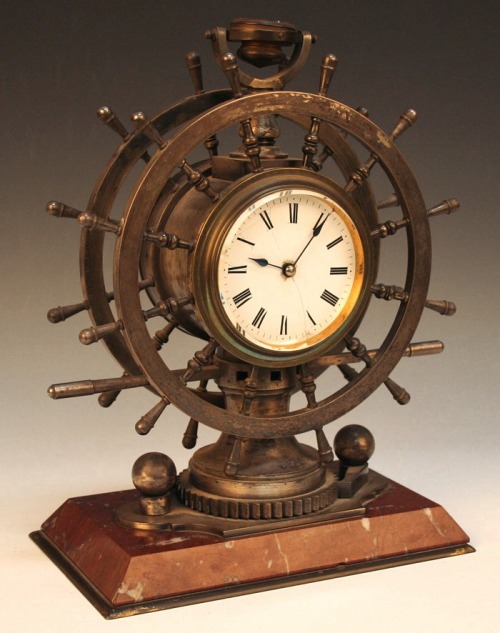 highvictoriana:A late Victorian plated novelty desk clock and aneroid barometer in the form of a shi