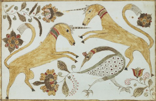 A Fraktur drawing of two unicorns, c.1830. PENNSYLVANIA SCHOOL. Watercolor on paper 