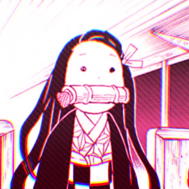 a manga icon of nezuko from demon slayer. it has a pink overlay. she stands in a train with a blank expression. she looks to the right.