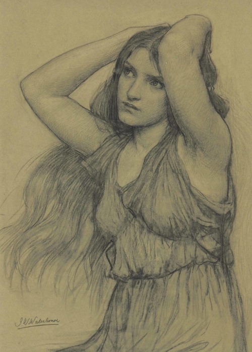 songesoleil:FloraBlack chalk on buff paper Art by John William Waterhouse.(1849-1917).