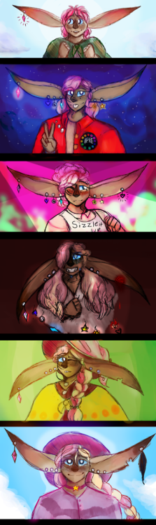 selkie-elf:Ears Through the Years[Id: Multiple colored sketches of Taako, a chubby tan elf with pink