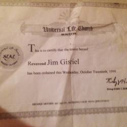 jimforce:  My Reverend certificate   this is amazing