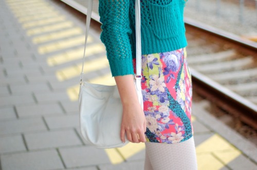 tightsobsession: On the platform.Via Gowns And Roses. Dress: Atmosphere, Sweater: Monki, Tights: Top