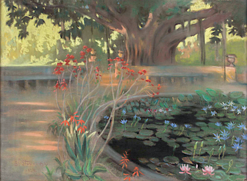 Lotos in a park in Palermo by  Kazimierz Stabrowski (1869-1929) Pastel 1924.