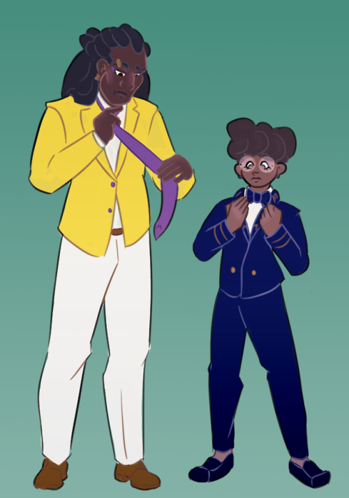 ask-reaper-and-son: [Id: Drawing of Kravitz and Angus in fancy suits. Kravitz is a tall dark skinned