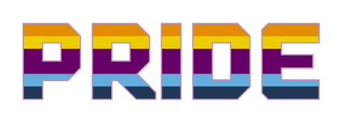 [image description: four block text banners of the word “pride” in a squared-off text, coloured in f