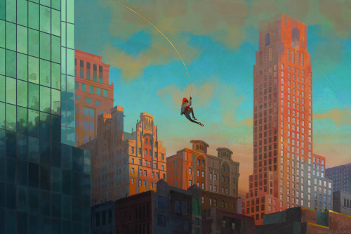 tamberella:Swinging through golden hour![Image ID: Miles Morales swings on his web through the city 