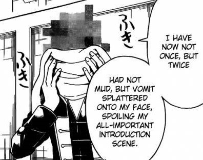 iwazu:tbh my absolutely favourite peek from the Gintama manga is when the mangaka was so fed up with coming up with a new character design for a minor villain that he just  came up with ways of hiding his face in every panel he appears he’s not even