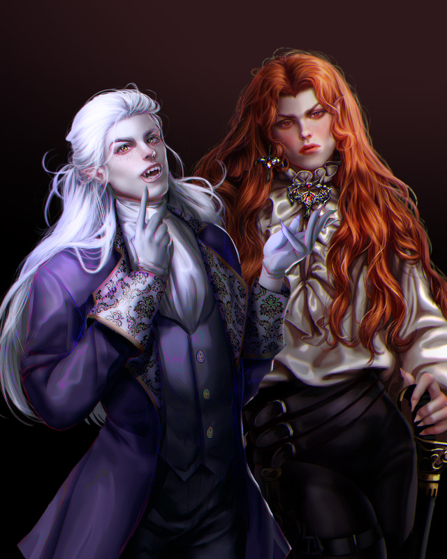 Vampire Duo(Featuring Plasticbottru’s OC   Alasdair   )Side note: vampires in my story’s universe are obsessed with beauty, so they wear skins of different species in order to cover their grotesque true forms. #vampire#Fanart#original character#fantasy#Digital Illustration#character lore