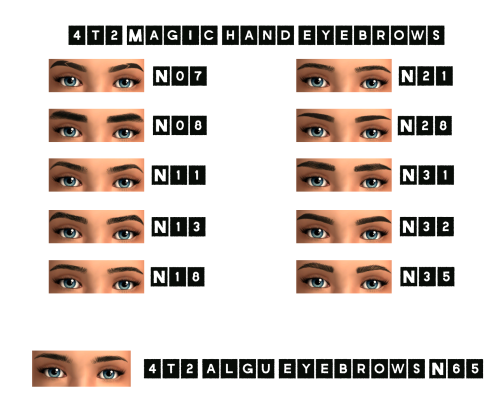 suratan-zir:11 eyebrows converted to TS2In Poppet’s V2 colors, binned, enabled for all ages and gend