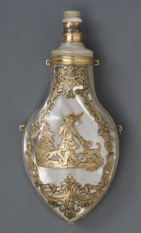 Mother of pearl gunpowder flask mounted with gilded silver, Germany, circa 1750.from The Philadlephi